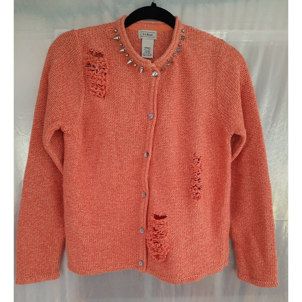 LL Bean Women's XS Peach Distressed Cardigan Sweater Spikes 100% Cotton
